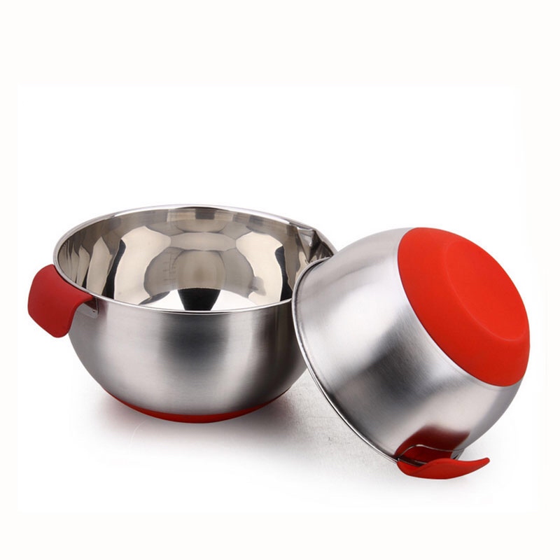 stainless steel salad bowl with silicon base and handle