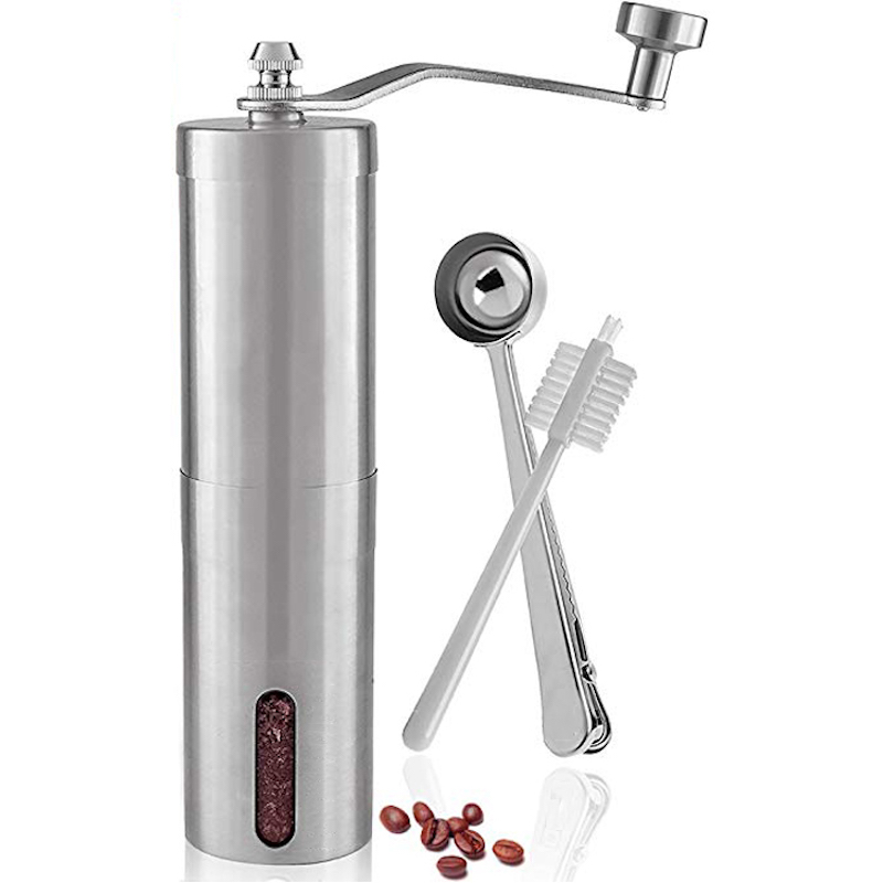 Stainless Steel Cordless Portable Manual Coffee Grinder Conical Burr Hand Coffee Bean Grinder with Measuring Brush Spoon