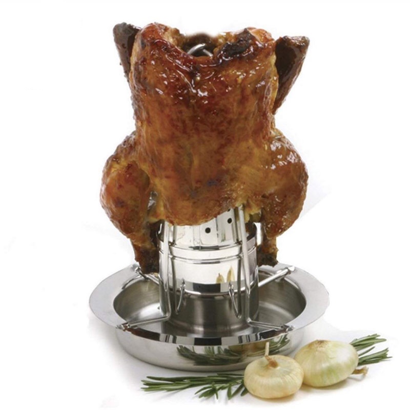 For Oven or Barbecue with Drip Pan Detachable Beer Can Chicken Roaster Rack Stainless Steel Vertical Roaster Chicken Holder