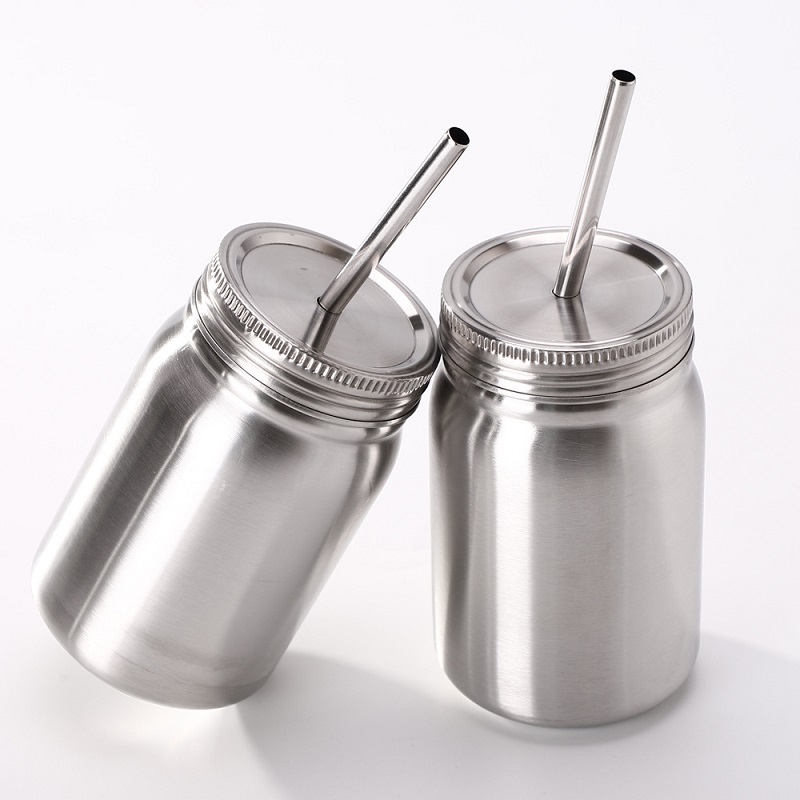 500ml double layer stainless steel mason jar with straw vacuum insulated tumbler with leak proof straw lids Smoothie Cup Round