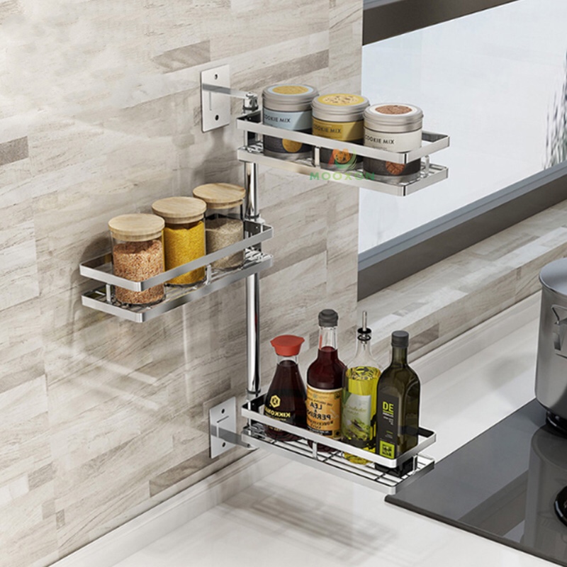 304 stainless steel wall mounted kitchen rotate bottle jars rack spice organizer punching free